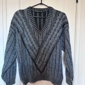 Vintage St Michael V-Neck Wool Blend Grey Sweater, Leather Trim, Grandpacore